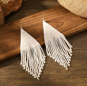 Elegant White Beaded Fringe Earrings